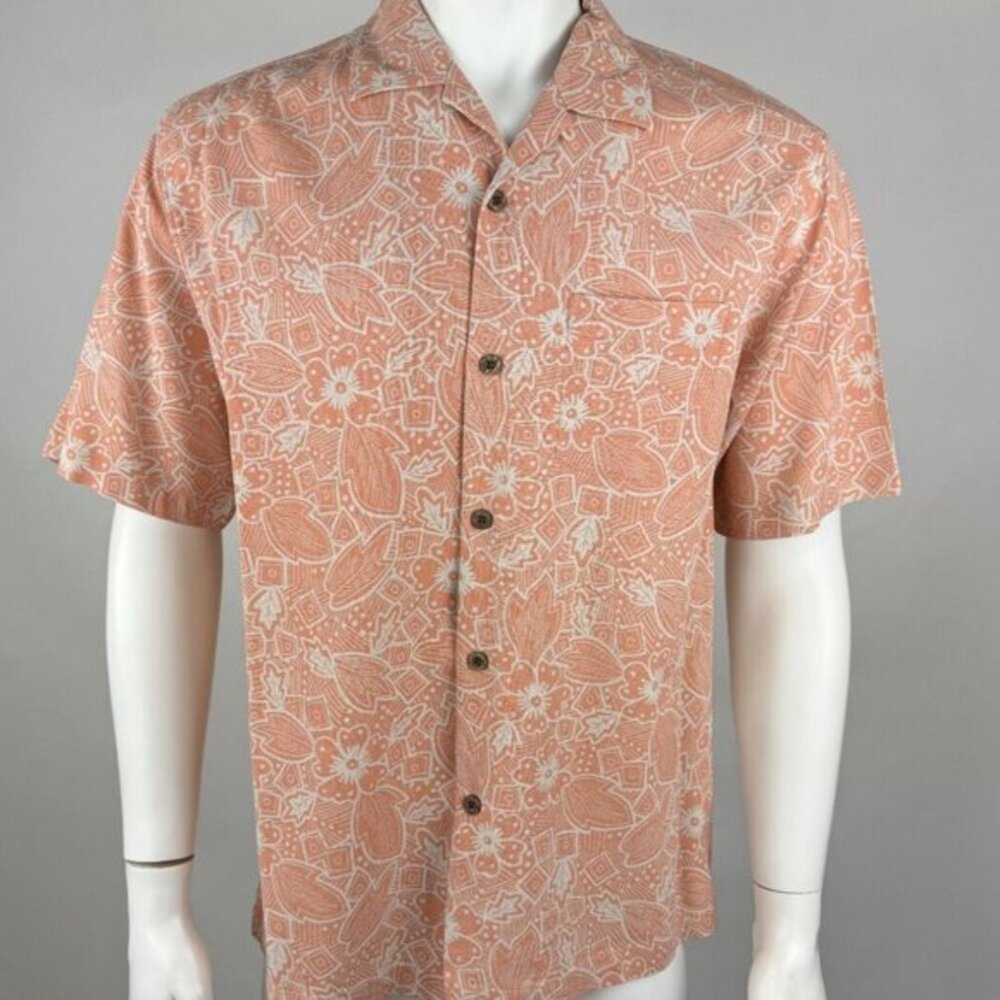 Tommy‎ Bahama Short Sleeve Silk Shirt Mens L EUC Button-Up Pocket Orange Floral